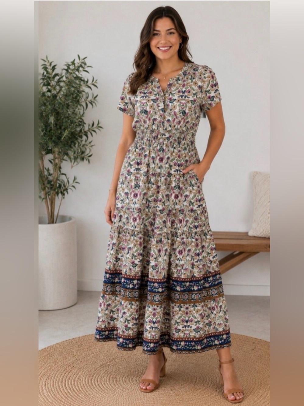 CYNTHIA ROWLEY Floral Tiered Maxi Dress Size Small - Picture 1 of 14